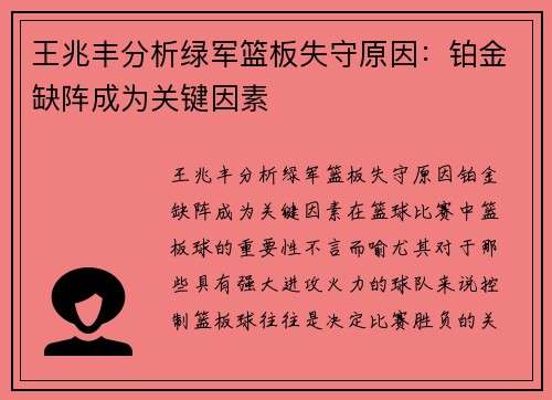 王兆丰分析绿军篮板失守原因：铂金缺阵成为关键因素