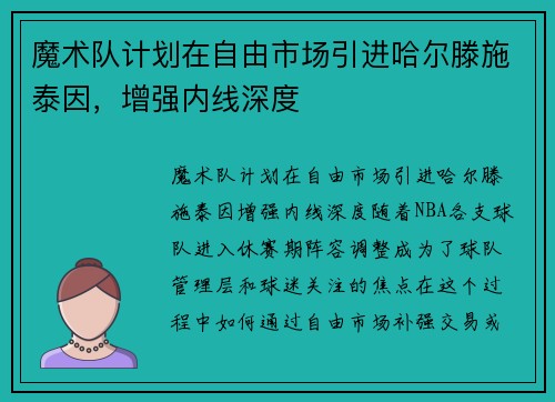 魔术队计划在自由市场引进哈尔滕施泰因，增强内线深度