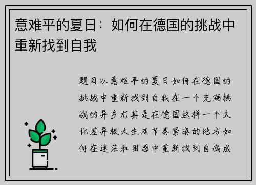 意难平的夏日：如何在德国的挑战中重新找到自我