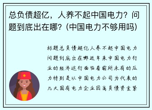 总负债超亿，人养不起中国电力？问题到底出在哪？(中国电力不够用吗)