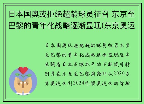 日本国奥或拒绝超龄球员征召 东京至巴黎的青年化战略逐渐显现(东京奥运会运动员拒绝回国)