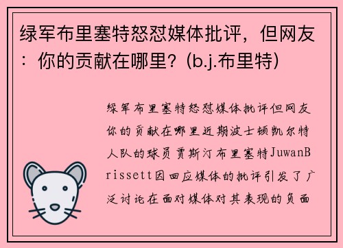 绿军布里塞特怒怼媒体批评，但网友：你的贡献在哪里？(b.j.布里特)