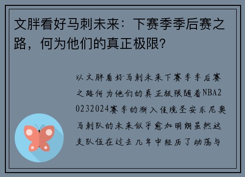 文胖看好马刺未来：下赛季季后赛之路，何为他们的真正极限？